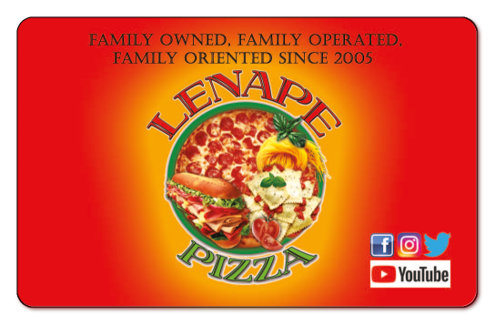 lenape pizza logo on a red and orange gradient background